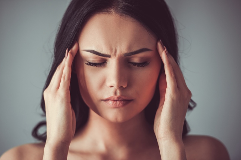 Attractive Woman Closeup Face Stress Hands Temple