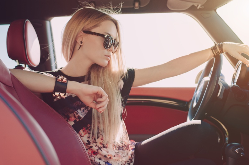 Blonde Model Car Floral Top Sunglasses Driving