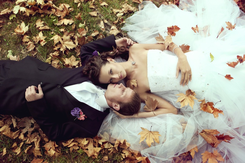 Bride Groom Fashion Shot Fall Leaves Dress