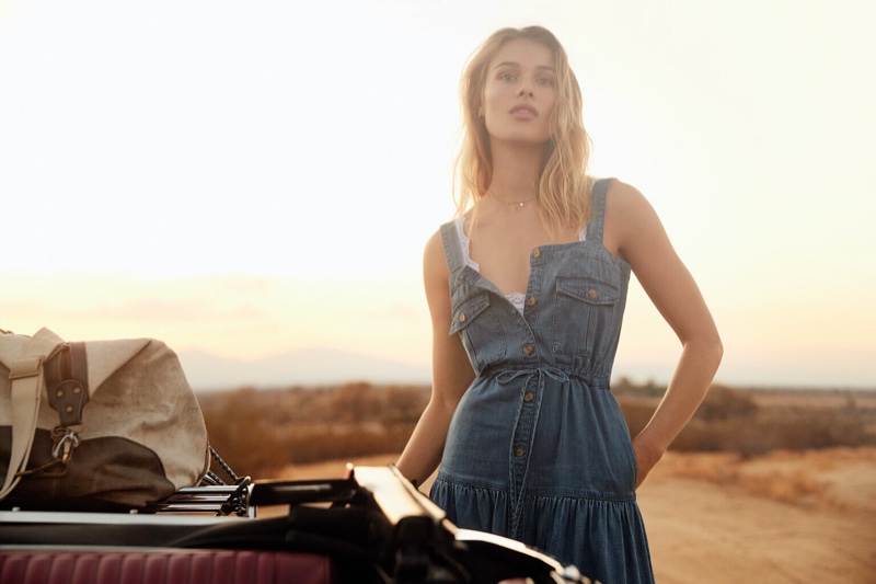 Model Rozanne Verduin wears denim dress in Buffalo Jeans spring-summer 2020 campaign