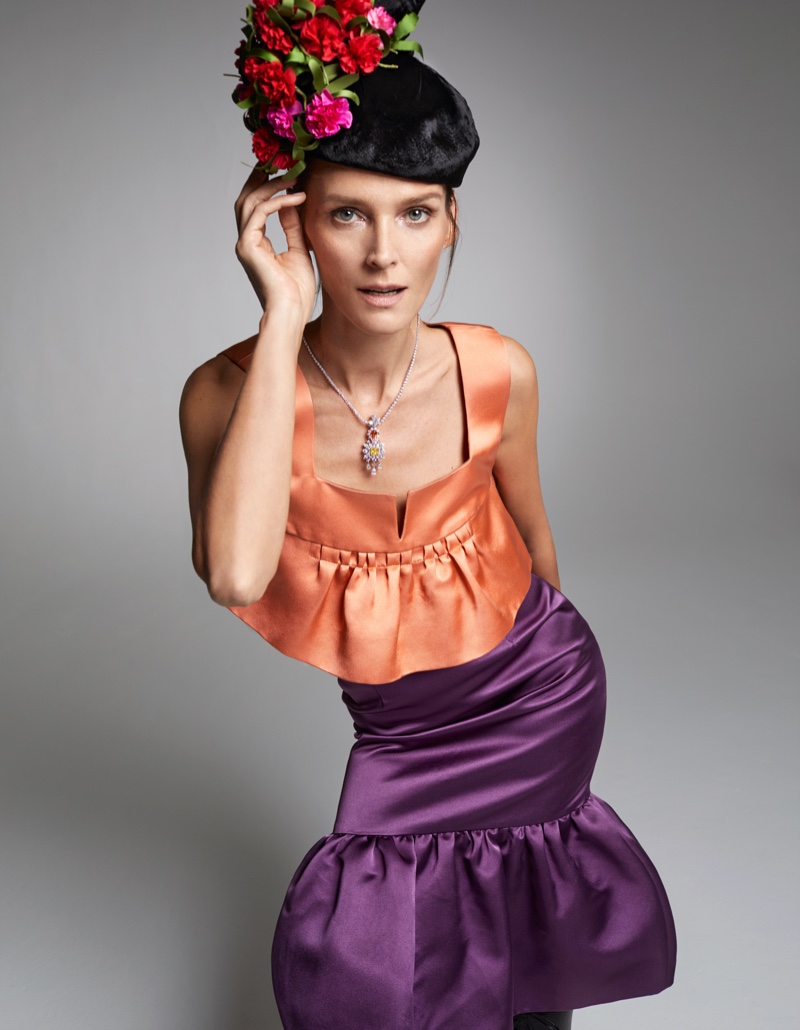 Etro Milan Ready to Wear S S Estonian model Carmen Kass wearing red and  blue greek goddess dress with beading details Stock Photo - Alamy