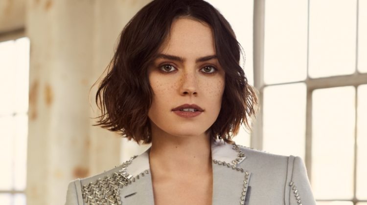 Photographed by Lara Jade, Daisy Ridley wears Burberry suit look