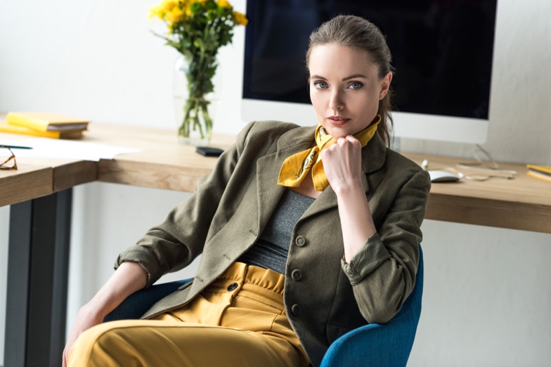 Fashionable Woman Office Yellow Jacket Pants Neck Scarf