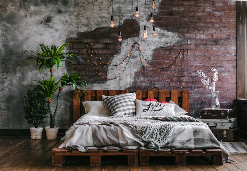 Industrial Bedroom Design String Lights Grey