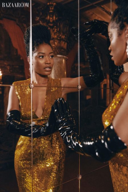 Keke Palmer Wears Glam Styles for Bazaar.com Keke Palmer glitters in Gucci dress and gloves with Bulgari earrings