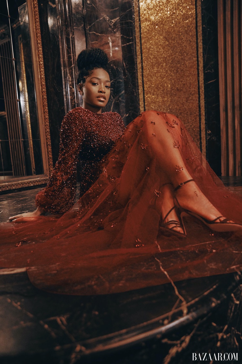 Actress Keke Palmer wears Valentino dress, Jimmy Choo heels and Cartier earrings