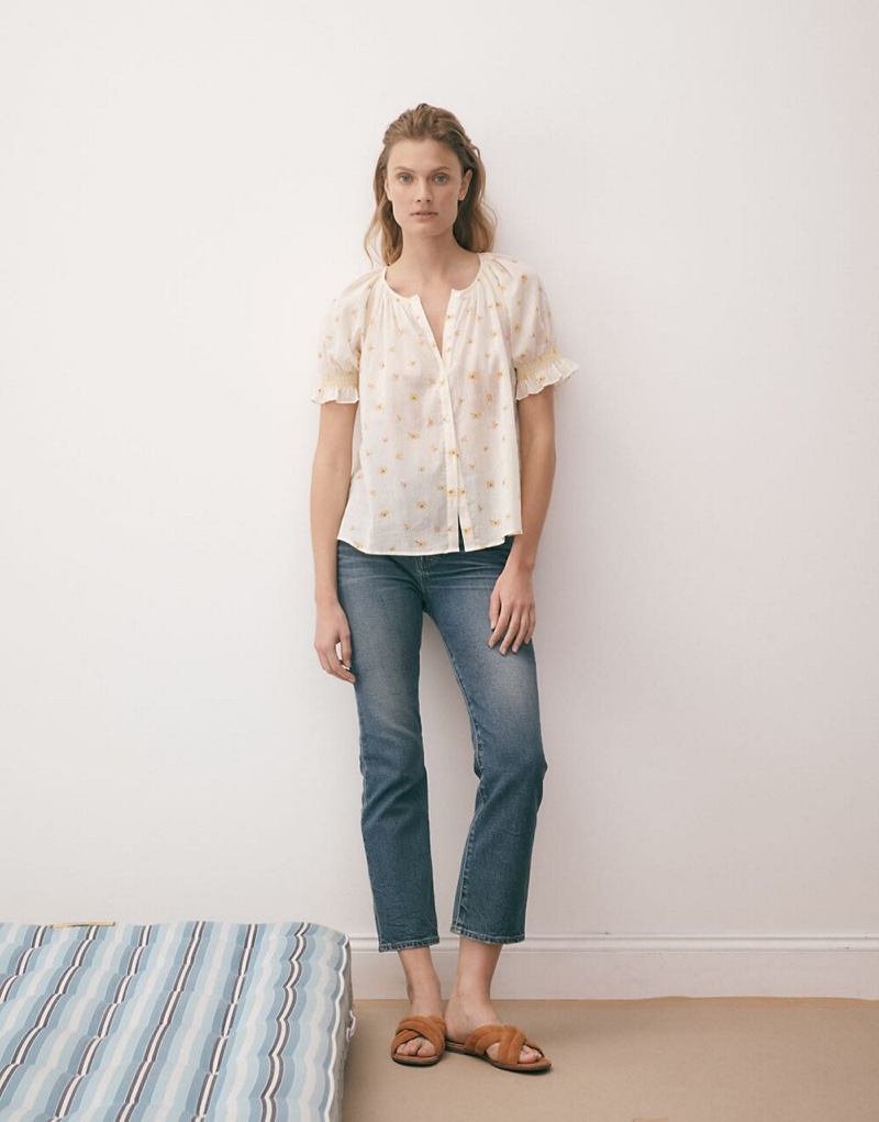 Madewell Smocked Button-Up Top in French Daisies $78, Slim Demi-Boot Jeans in Sundale Wash $128 and The Skyler Slide Sandal in Suede $88