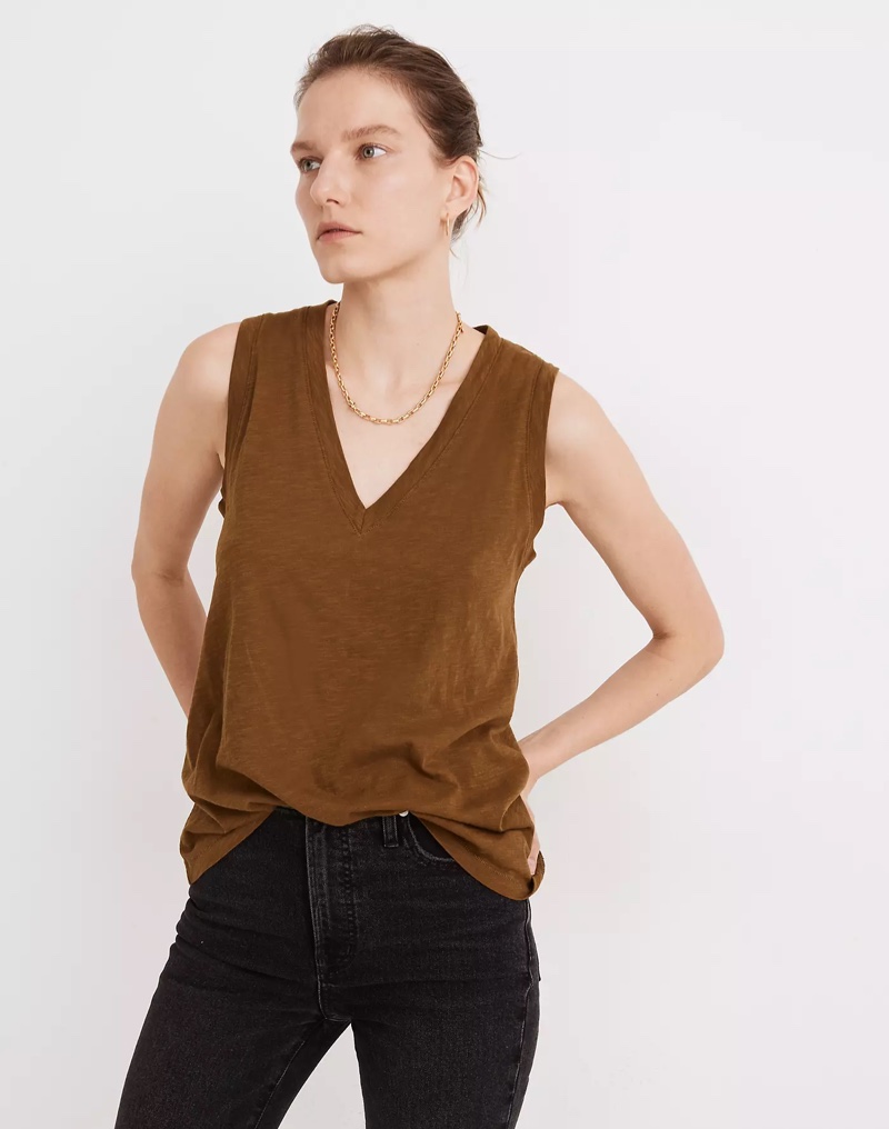 Madewell Whisper Cotton V-Neck Tank in Weathered Olive $18.50