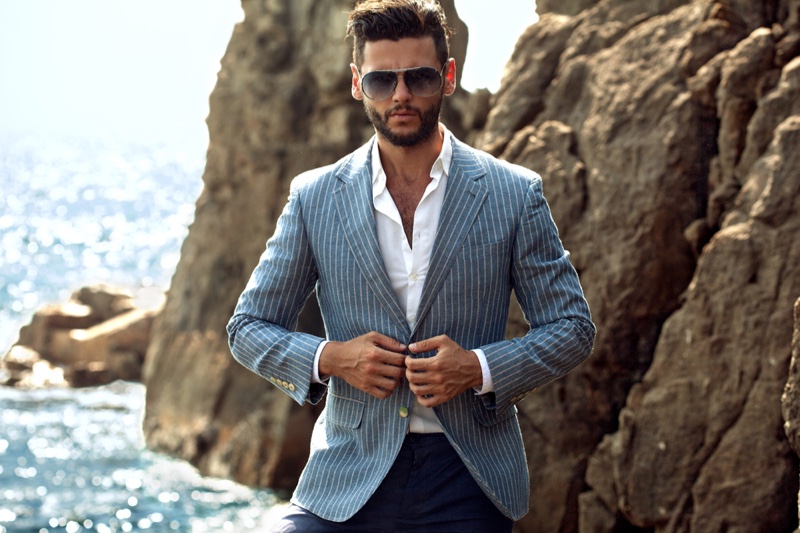 Male Model Striped Blazer Ocean Sunglasses