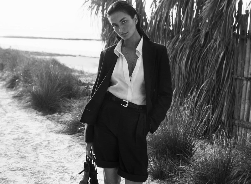 Andreea Diaconu poses in black and white for Massimo Dutti spring-summer 2020 campaign