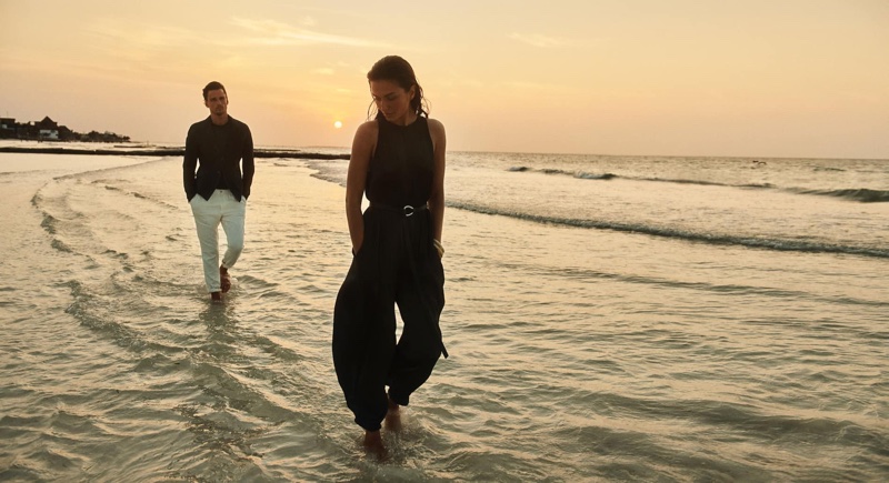 Models Andreea Diaconu and Simon Nessman pose for Massimo Dutti spring-summer 2020 campaign