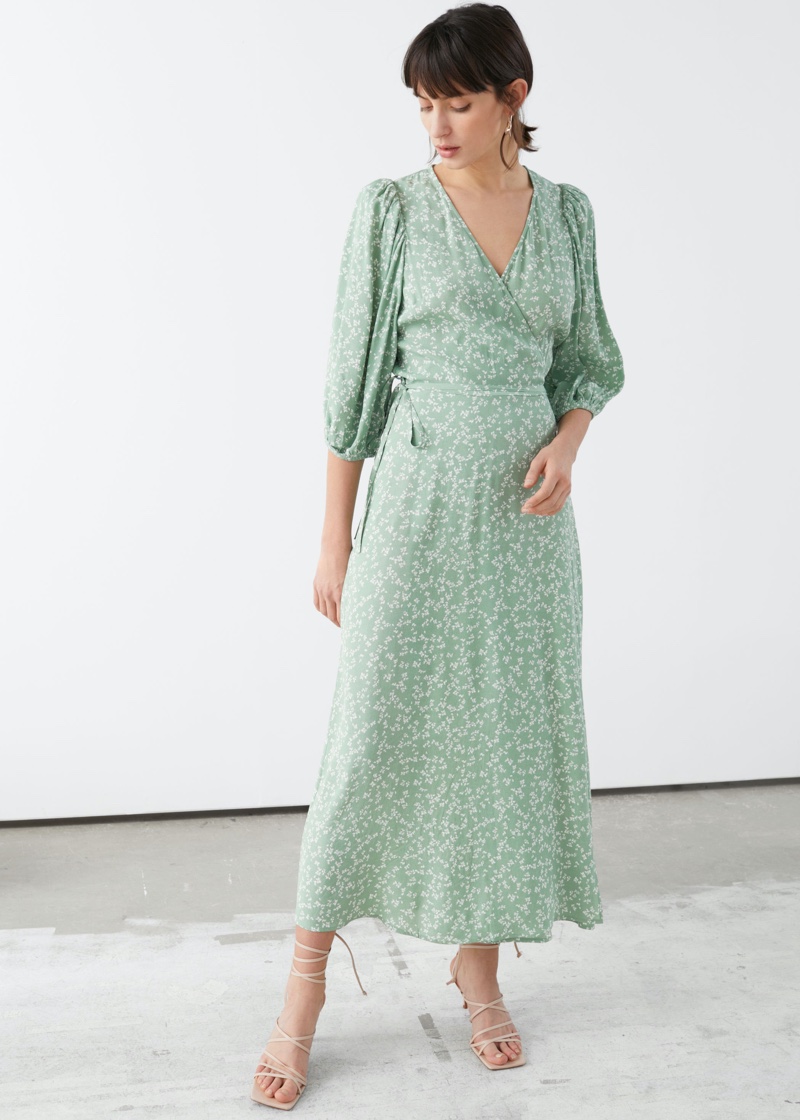 & Other Stories Printed Puff Sleeve Midi Wrap Dress in Green Florals $99