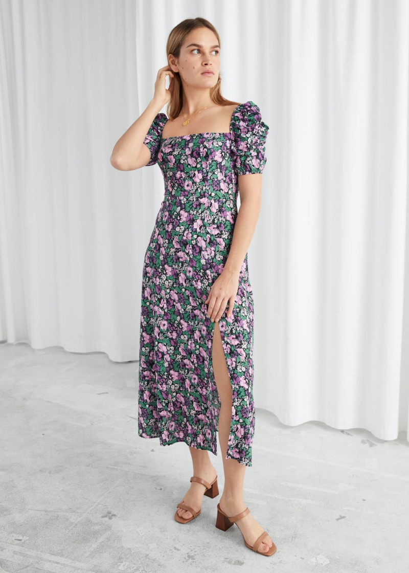 & Other Stories Puff Shoulder Crepe Midi Dress in Lilac Floral $119
