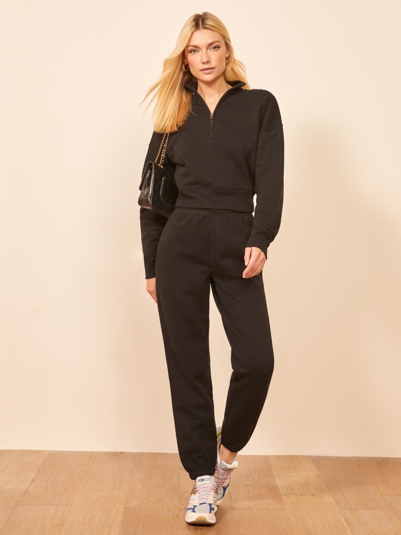 Reformation Marla Zip Sweatshirt $78 and Classic Sweatpant in Black $68