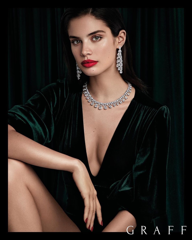 Model Sara Sampaio poses in high jewelry from Graff Diamonds