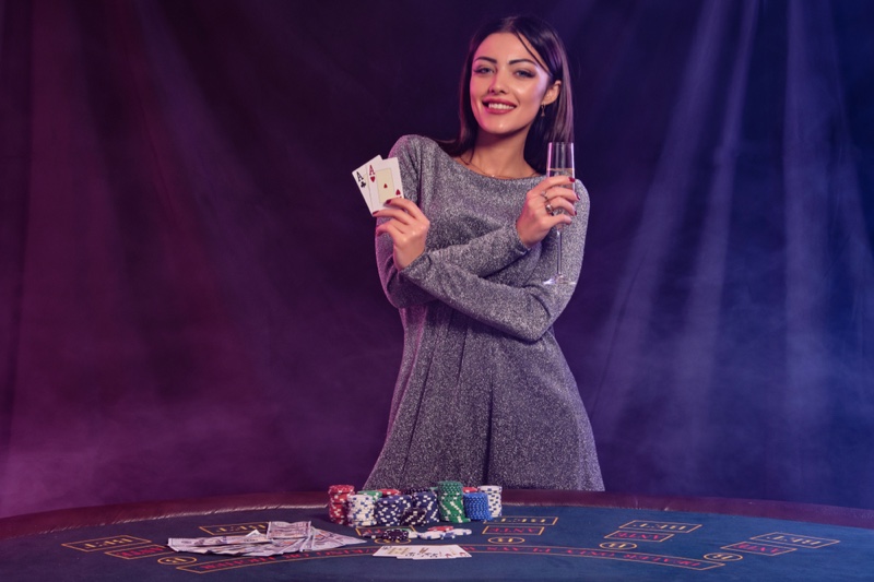 Smiling Model Grey Dress Casino Gambling
