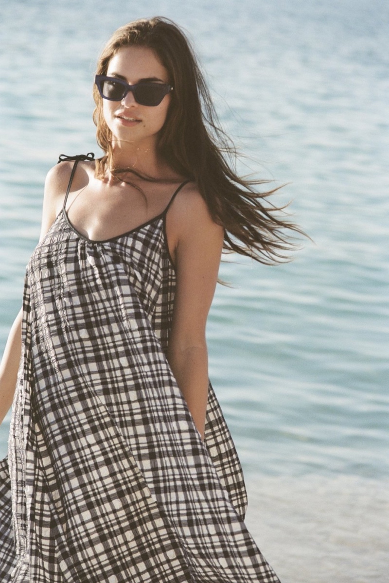Robin Holzken models plaid maxi dress from Solid & Striped