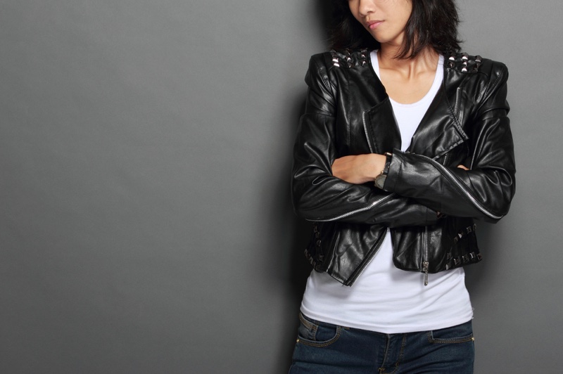 Woman Leather Jacket White Tank Top Jeans