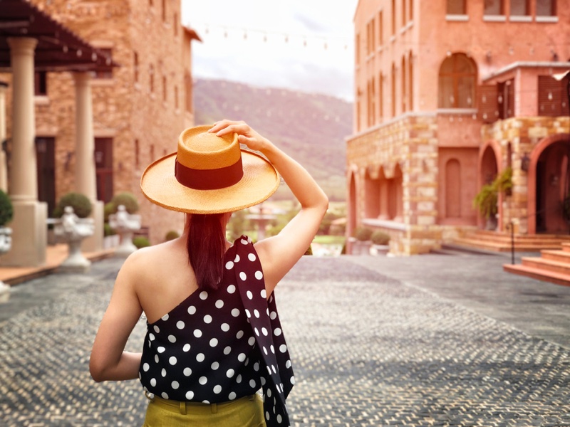 Woman Traveling Panama Hat Polka Dot Print Top