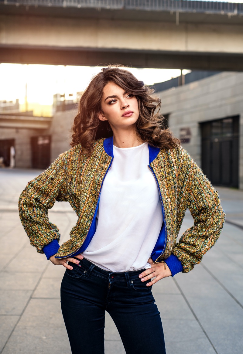 Woman Wearing Tweed Bomber Jacket