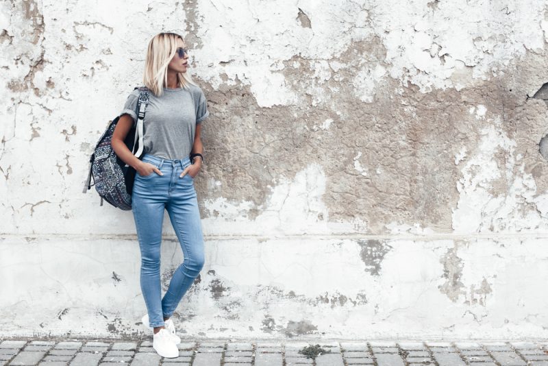 Woman in Casual Look with White Sneakers