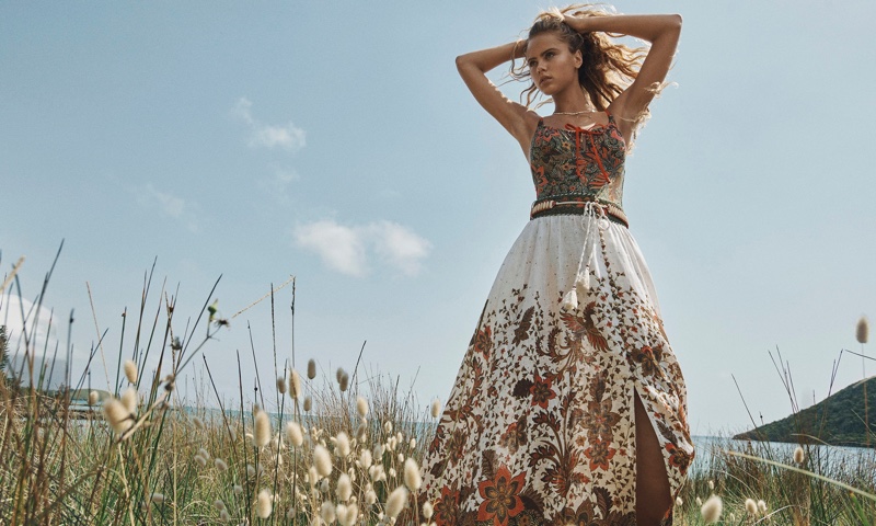 Zimmermann features Empire Draw one-piece and Empire Batik skirt in Swim summer 2020 campaign