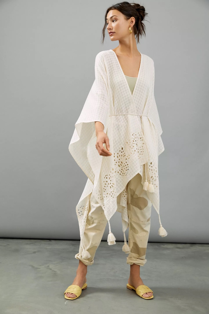 Anthropologie Tasseled Eyelet Kimono in Cream $108