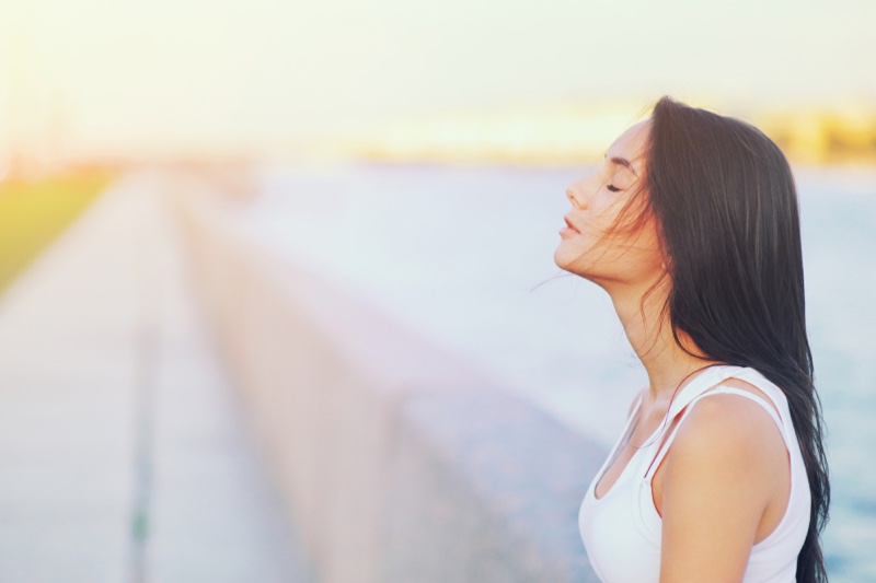 Attractive Woman Outdoors Sun White Tank Calm Relaxed