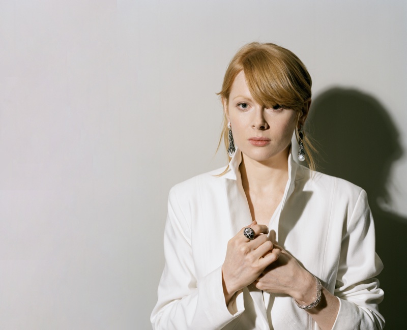 Dressed in white, Emily Beecham exudes pure chic. Photo: Fenton Bailey represented by Tonic Reps for The Fall