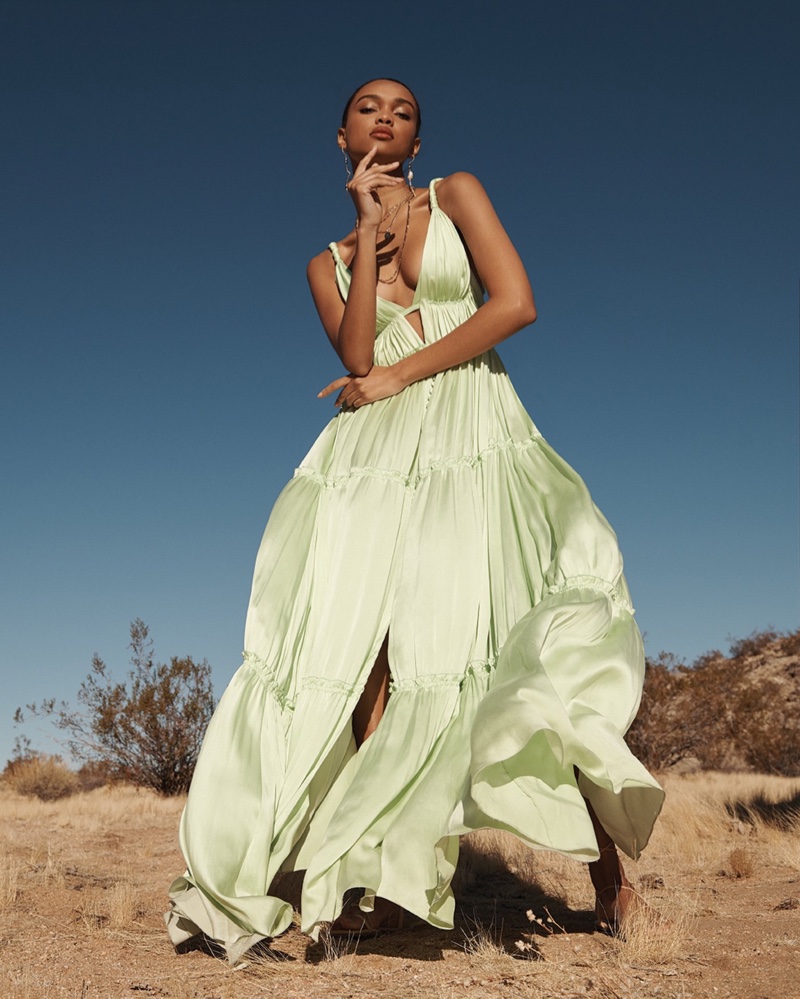 Samantha Archibald poses in Jonathan Simkhai dress for Intermix spring-summer 2020 campaign