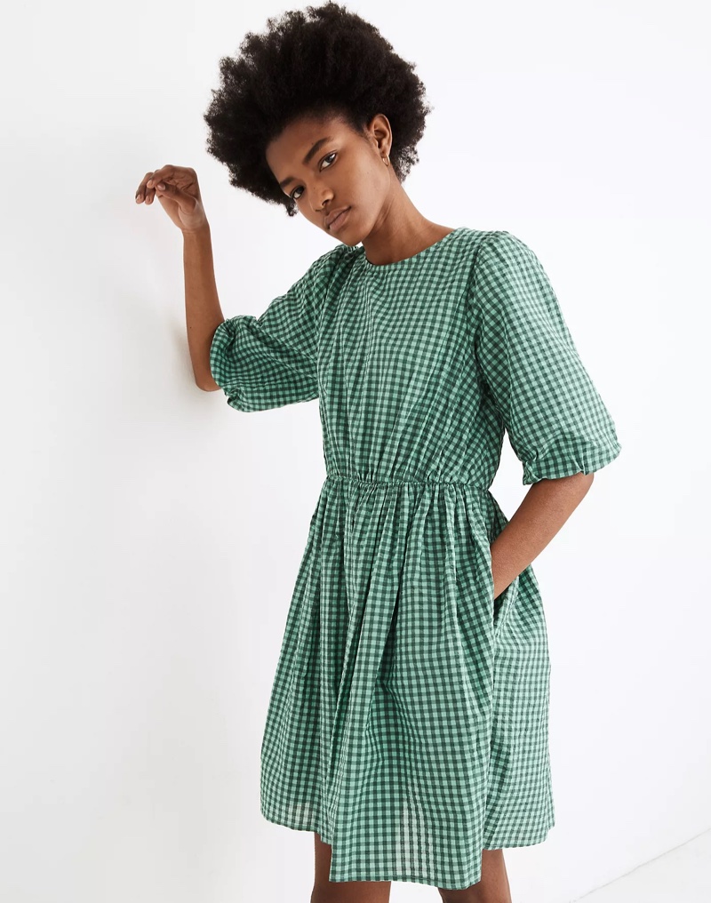 Madewell Gingham Crewneck Bubble-Sleeve Mini Dress $110