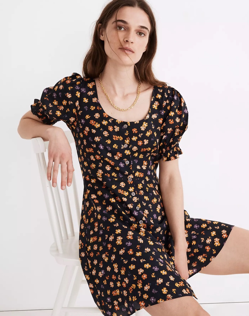 Madewell Smock-Sleeve Button-Front Mini Dress in Happy Hibiscus $128
