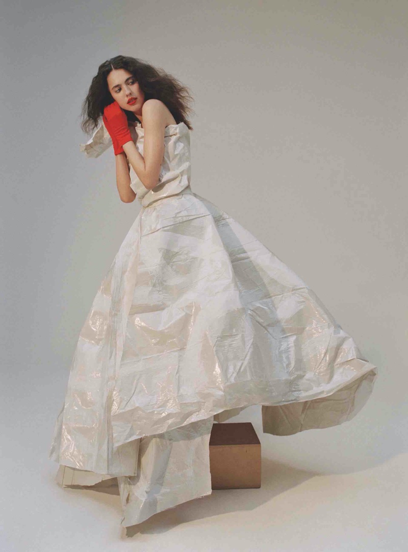 Margaret Qualley wears white gown made from sustainable material. Photo: Daria Kobayashi Ritch for Hunger Magazine