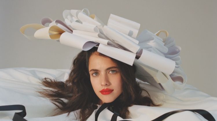 Actress Margaret Qualley tries on whimsical hat and gown. Photo: Daria Kobayashi Ritch for Hunger Magazine