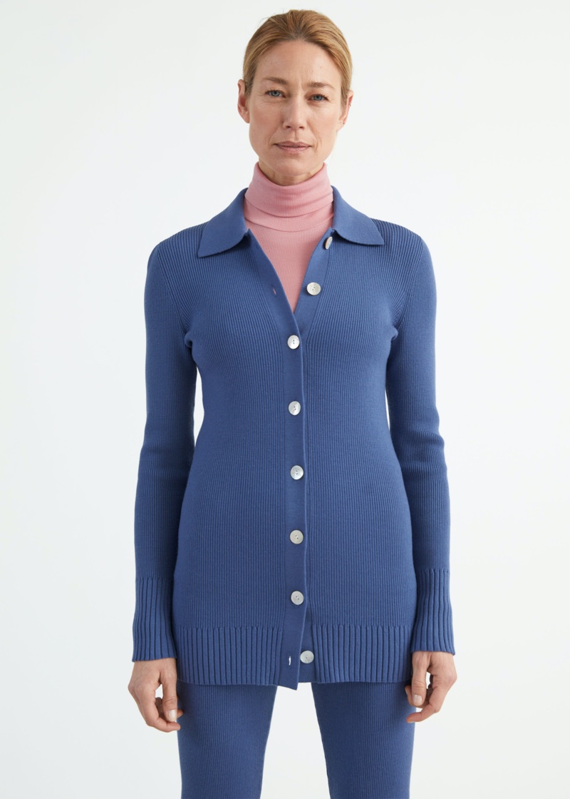 & Other Stories Long Fitted Rib Knit Cardigan in Blue $89