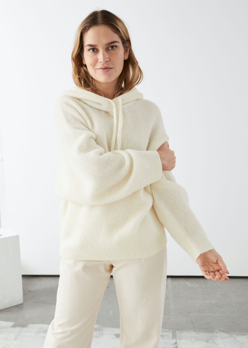& Other Stories Ribbed Wool Blended Hooded Sweatshirt in White $99