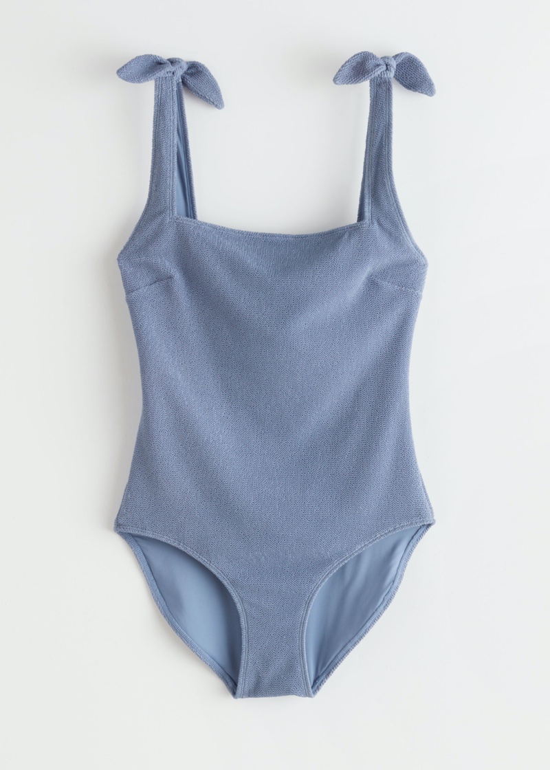 & Other Stories Textured Bow Tie Swimsuit in Light Blue $59