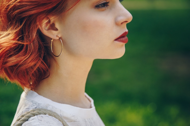 Redhead Closeup Gold Hoop Earrings