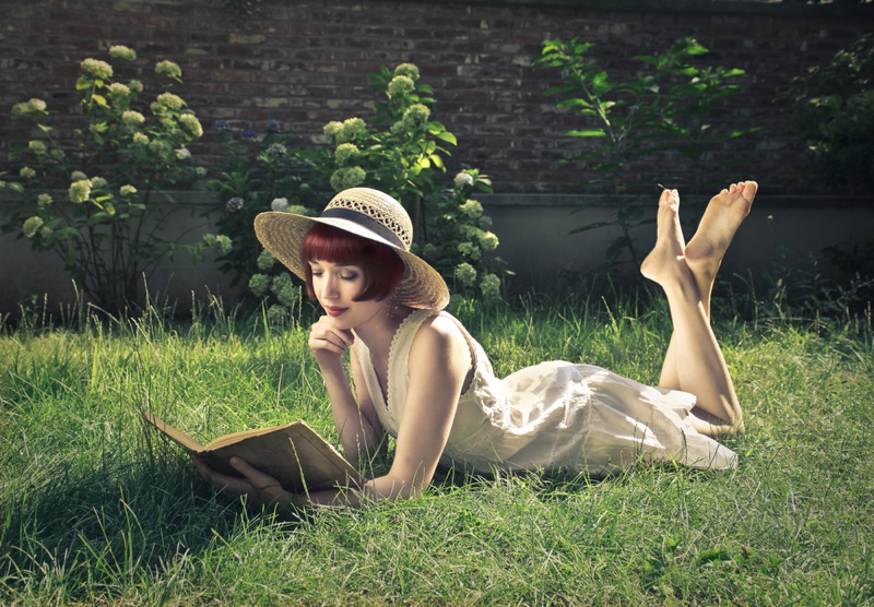 Redhead Model Reading Book Outdoors Grass White Dress Hat