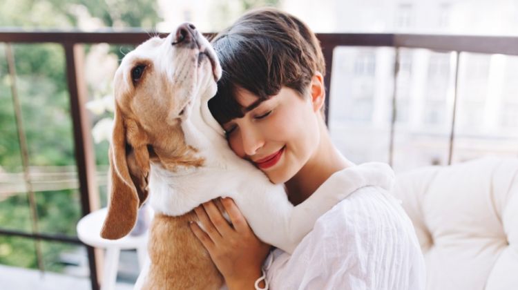 Smiling Brunette Woman Holding Dog