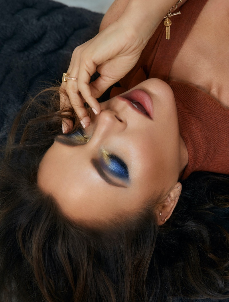 Designer Victoria Beckham shows off blue eyeshadow in this beauty shot. Photo: An Le