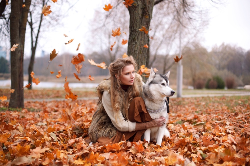 Woman Dog Outside Fall Leaves Fashion