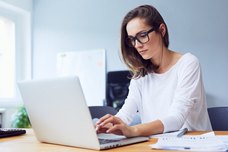 Woman Eyeglasses Laptop Work Study