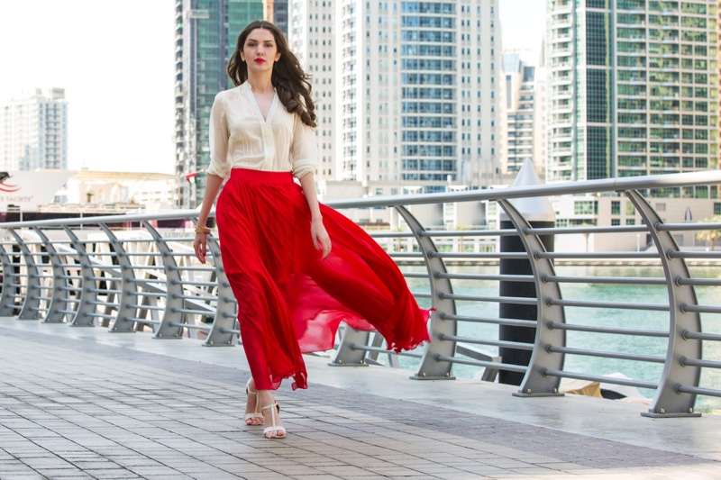 Woman White Shirt Long Red Skirt Outside City