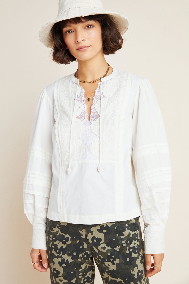 Anthropologie Delilah Pleated Lace Peasant Blouse in White $118