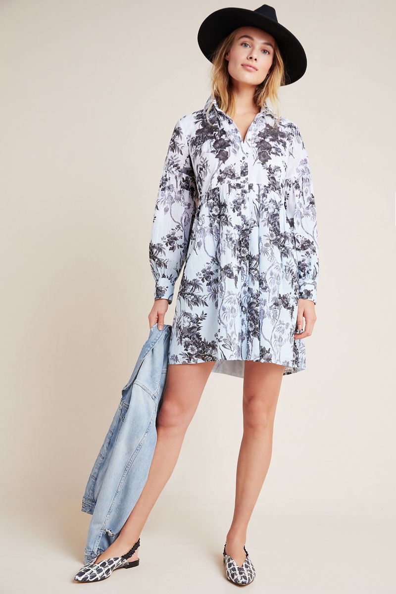 Anthropologie Lavinia Embroidered Shirtdress in Blue Motif $168