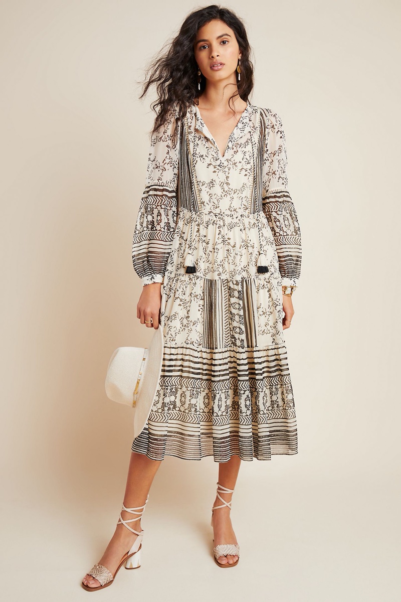 Anthropologie Talulah Tiered Midi Dress in Neutral Motif $178