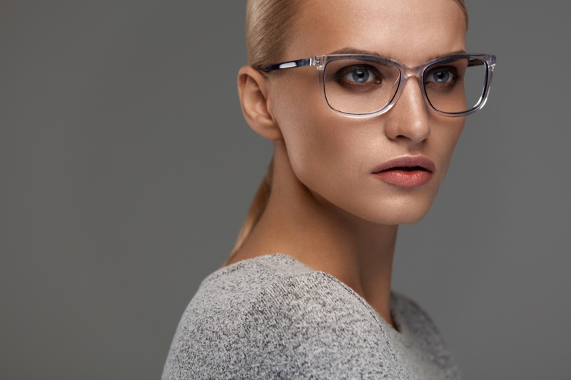 Blonde Model Wearing Rectangle Eyewear Glasses