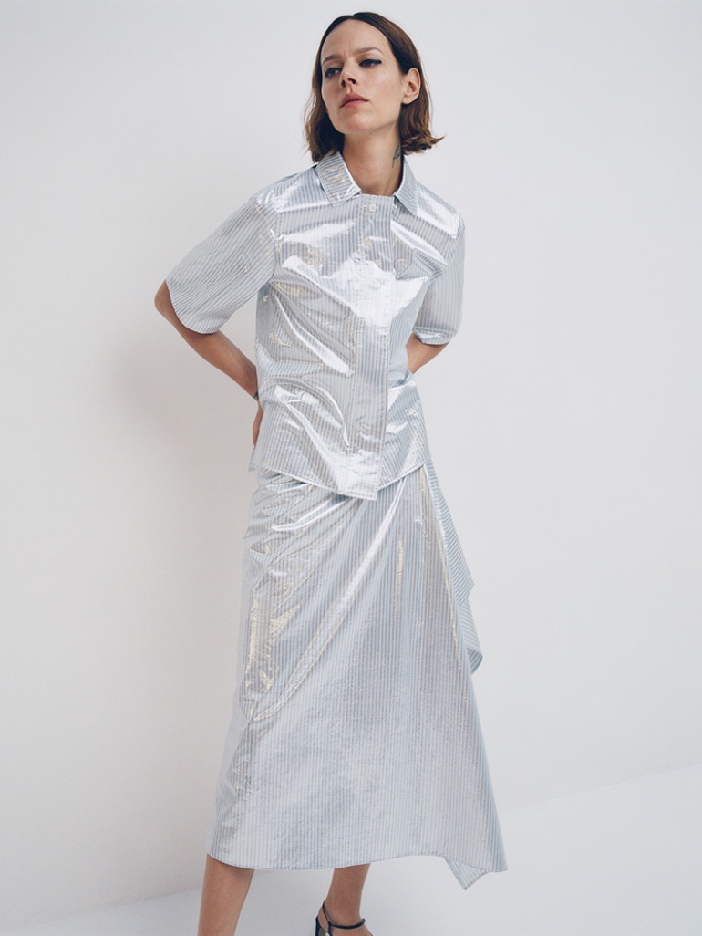 Shining in silver, Freja Beha Erichsen fronts COS spring-summer 2020 campaign.