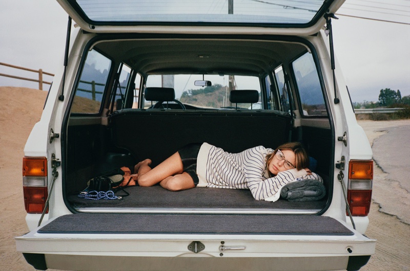 Posing in a van, Camille Rowe fronts Rag & Bone eyewear spring-summer 2020 campaign.